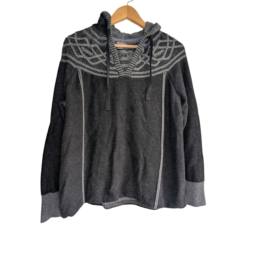 Eddie Bauer Knit Celtic Yoke Pullover Hoodie Sweater Womens XXL Charcoal Gray